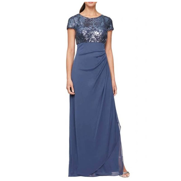 Alex Evenings Dresses & Skirts - Alex Evenings Sequin Ruched Chiffon Column Gown in NAVY Size 10 NWT MSRP $209